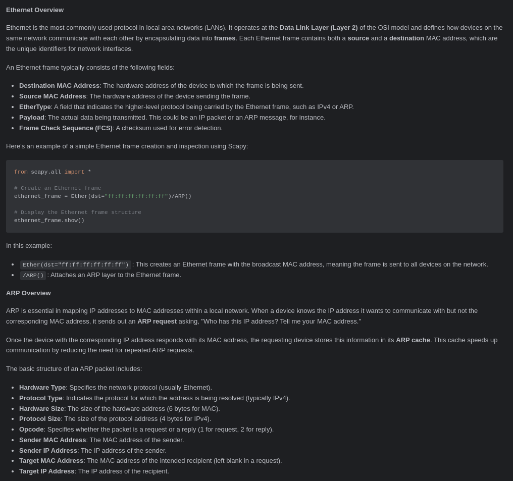 Scapy network analysis
Network traffic analysis with Scapy
Packet crafting and manipulation guide
Advanced Scapy techniques
Comprehensive network analysis toolkit
