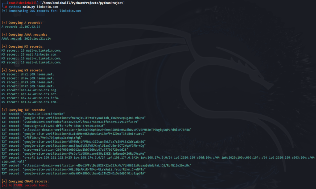 Python DNS Enumeration Tool

Python DNS query tool
DNS lookup tool in Python
Python DNS scanner
DNS record search in Python
DNS record enumeration with Python
Python Command-Line DNS Tool

Command-line DNS lookup in Python
DNS tool using Python argparse
CLI DNS tool in Python
Terminal DNS query Python tool
Python DNS command-line utility
Build DNS Enumeration Tool with Python

Create a DNS enumeration script in Python
Developing DNS tools in Python
Python guide for DNS tools
Python DNS lookup project
Python DNS query tutorial
DNS Lookup with Python and Colorama

Python DNS checker with colorama
Colorful DNS enumeration in Python
DNS search in Python with colorama
Python colored DNS output
Python tool for DNS lookup with colorama
DNS Records Query in Python

DNS records checker with Python
Python DNS record lookup tool
DNS records search Python script
Fetching DNS records in Python
Python tool for DNS record query





