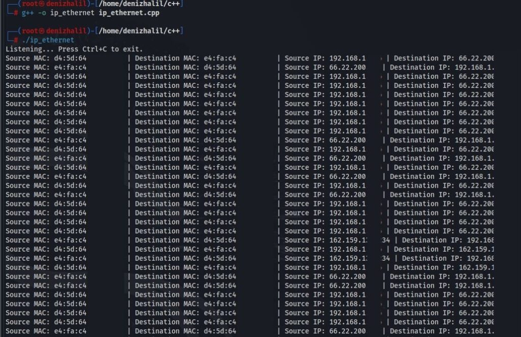 Network Monitoring with C++ IP And Ethernet Sniffing